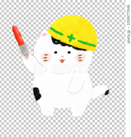 Hand-drawn illustration of a cat holding a guide rod during construction 109977846