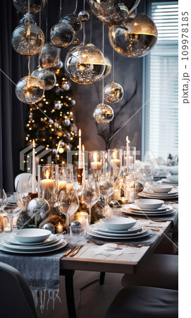 Christmas table setting with elegant festive tableware, gray and gold decor for Christmas celebration, vertical format Christmas table setting with elegant festive tableware, gray and gold decor for Christmas celebration, vertical format 109978185