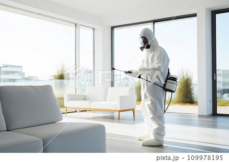 Faceless pest control worker in a protective suit sprays insect poison in a living room Faceless pest control worker in a protective suit sprays insect poison in a living room 109978195