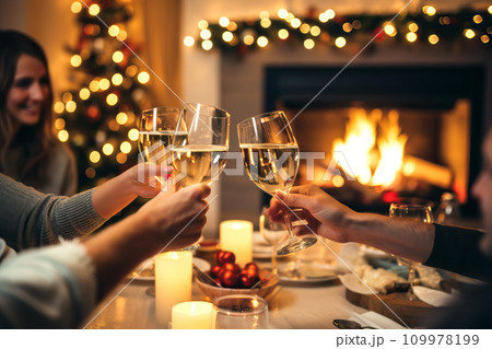 Happy friends having fun and toasting sparkling wine glasses close-up against burning fireplace background. Christmas celebration Happy friends having fun and toasting sparkling wine glasses close-up against burning fireplace background. Christmas celebration 109978199