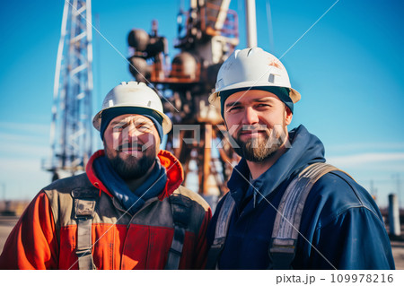 Attractive oil workers at work on a drilling rig Attractive oil workers at work on a drilling rig 109978216