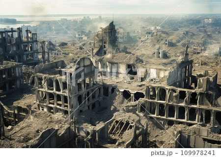 Empty ruins of city destroyed by war or natural disaster. Consequences of carpet bombing Empty ruins of city destroyed by war or natural disaster. Consequences of carpet bombing 109978241