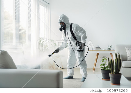 Faceless pest control worker in a protective suit sprays insect poison in a living room 109978266