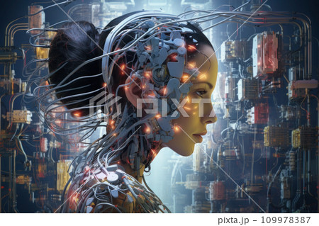 Female android face on technology background 109978387