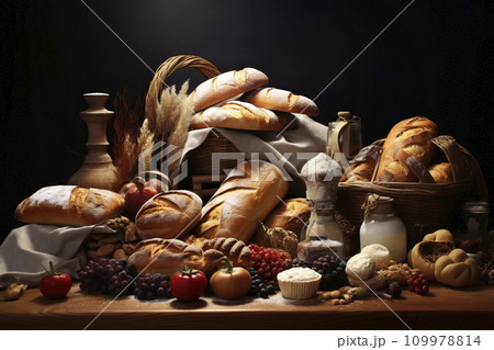 Various baked goods on a dark background. Generative AI 109978814