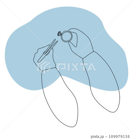 Outline Jeweler hands Holding Ring and tweezers. Jewelry making Vector Silhouette illustration. Line art style icon design with Pink background, Isolated Design art for Jewelers day poster, Card Outline Jeweler hands Holding Ring and tweezers. Jewelry making Vector Silhouette illustration. Line art style icon design with Pink background, Isolated Design art for Jewelers day poster, Card 109979138