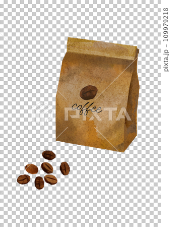 Illustration of roasted coffee beans and craft bag in watercolor style 109979218