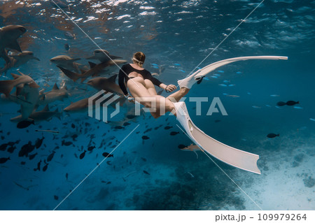Swim with sharks. Woman with fins swimming with the Nurse shark - Ginglymostoma cirratum in tropical ocean. Swim with sharks. Woman with fins swimming with the Nurse shark - Ginglymostoma cirratum in tropical ocean. 109979264