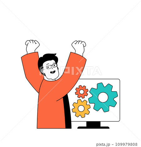 Marketing and development concept with cartoon people in flat design for web. Man makes online promotion and settings advertising. Vector illustration for social media banner, marketing material. 109979808