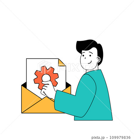 Marketing and development concept with cartoon people in flat design for web. Man makes gear optimization and sending business email. Vector illustration for social media banner, marketing material. Marketing and development concept with cartoon people in flat design for web. Man makes gear optimization and sending business email. Vector illustration for social media banner, marketing material. 109979836