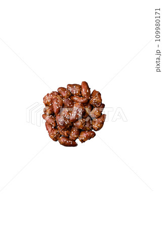 Chicken hearts fried in soy sauce with salt and spices in a plate Chicken hearts fried in soy sauce with salt and spices in a plate 109980171