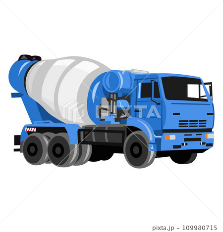 Blue concrete mixer machine, concrete truck vector image on white background. 109980715