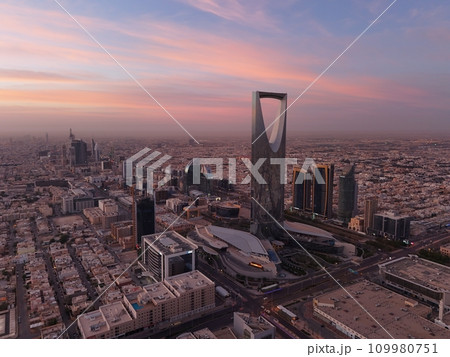 Drone shot flying. Saudi Arabia. Riyadh. Sunrise. Drone shot flying. Saudi Arabia. Riyadh. Sunrise. 109980751