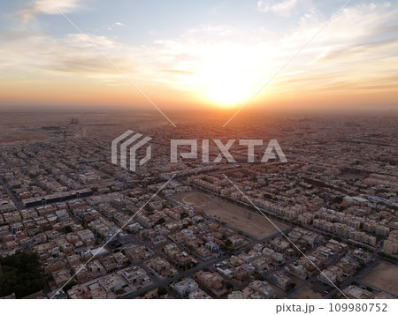 Drone shot flying. Saudi Arabia. Riyadh. Sunrise. Drone shot flying. Saudi Arabia. Riyadh. Sunrise. 109980752