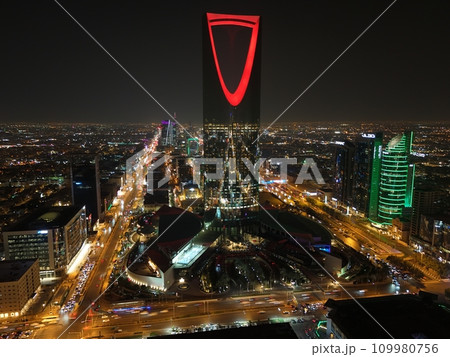Drone shot foto. Saudi Arabia. Riyadh. Kingdom tower. Night. Drone shot foto. Saudi Arabia. Riyadh. Kingdom tower. Night. 109980756