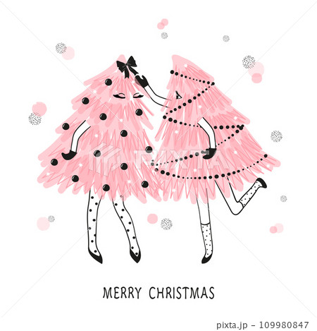 Cute Christmas trees as little girls. Merry Christmas vector card design 109980847