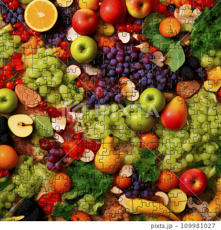 Still life painting of various fruits and berries made from mosaic, apples, pears, grapes, oranges. Unusual design Still life painting of various fruits and berries made from mosaic, apples, pears, grapes, oranges. Unusual design 109981027