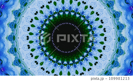 Kaleidoscope ornament. Round mandala. Blue green black color ink symmetrical geometric circle pattern abstract art illustration background with copy space. 109981213