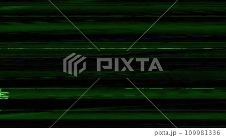 Analog glitch. VHS noise. Distortion frequency. Green blue color pixel lines artifacts texture on dark black abstract free space illustration background. Analog glitch. VHS noise. Distortion frequency. Green blue color pixel lines artifacts texture on dark black abstract free space illustration background. 109981336