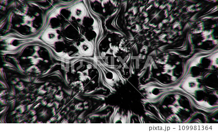 Blur ornament. Psychedelic art. Defocused black white ink flow floral fractal geometric design dark creative abstract illustration background. 109981364