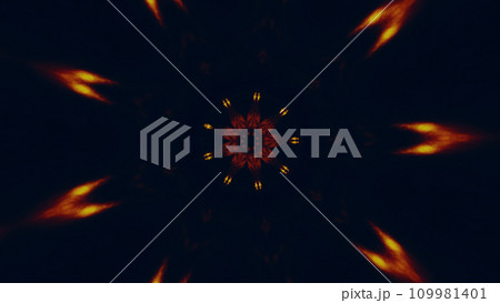 Floral mandala abstract background. Defocused orange red color glowing fire petals circle ornament on dark black illustration with copy space. 109981401