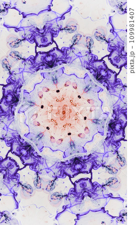 Paint mandala. Kaleidoscope ornament. Purple pink color ink flow in water symmetrical fractal design on white copy space art illustration abstract background. 109981407