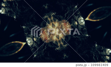 Glitter fractal. Sparks texture. Gold sparkling glowing particles symmetrical kaleidoscope ornament on dark black abstract futuristic illustration background. 109981409