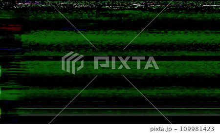 8-bit glitch. Pixel noise. Computer error. Green red blue color grain stripes texture analog static distortion on dark black abstract free space illustration background. 109981423