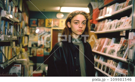 Vintage teenager in a video store. DVD rental case for sale. Video store renting movies in the 80s,90s retro photo Vintage teenager in a video store. DVD rental case for sale. Video store renting movies in the 80s,90s retro photo 109981546