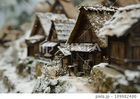 茅葺き屋根のある風景（冬）のイラスト素材 [109982480] - PIXTA