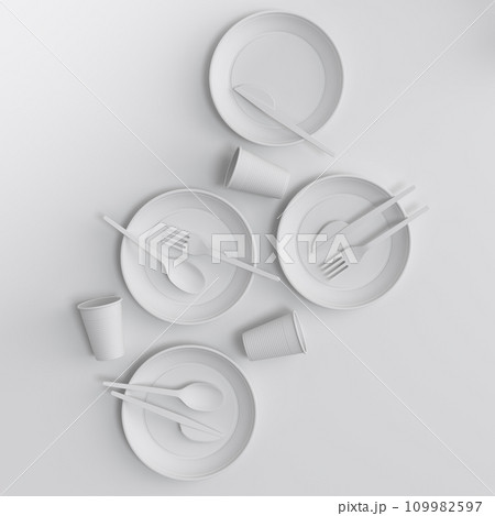 Set of disposable utensils like plate, folk, spoon,knife and cup on monochrome Set of disposable utensils like plate, folk, spoon,knife and cup on monochrome 109982597