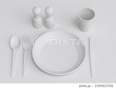 Set of disposable utensils like plate, folk, spoon,knife, cup and pepper mill Set of disposable utensils like plate, folk, spoon,knife, cup and pepper mill 109982598