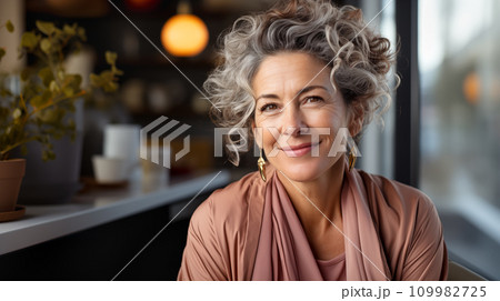 Portrait of a Content Middle-aged Woman. Generative AI. Portrait of a Content Middle-aged Woman. Generative AI. 109982725