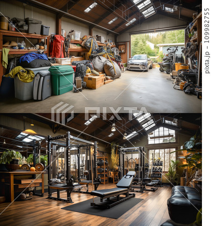 Before and After of Residential Garage With and Without A New Fitness Gym Makeover. Generative AI. 109982755