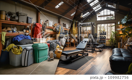 Before and After of Residential Garage With and Without A New Fitness Gym Makeover. Generative AI. 109982756