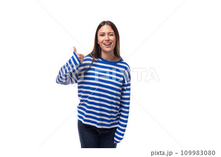 joyful young slender european model woman in a sailor jacket. lifestyle people concept 109983080