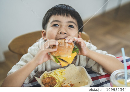 チーズバーガーを食べる男の子 109983544