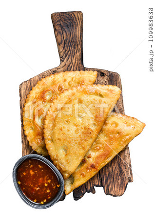 Mexican chilean food fried empanadas pie with beef meat. Isolated on white background, top view. 109983638