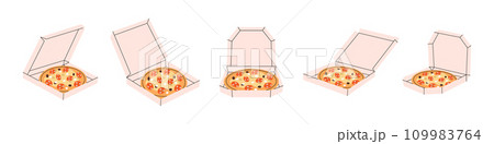 Traditional italian pizza in boxes. Italian cuisine, traditional food. Vector illustration. 109983764
