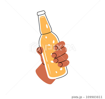 Hand holding a beer bottle. Beer pub product, cheers. Brewing process, brewery factory production element. Vector illustration. Hand holding a beer bottle. Beer pub product, cheers. Brewing process, brewery factory production element. Vector illustration. 109983811