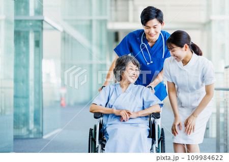 車椅子のシニア女性と医療従事者  医師  看護師 109984622