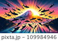 朝霧の中に舞う魚と初日の出 109984946