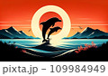 跳ねるイルカと夕日の風景イラスト 109984949
