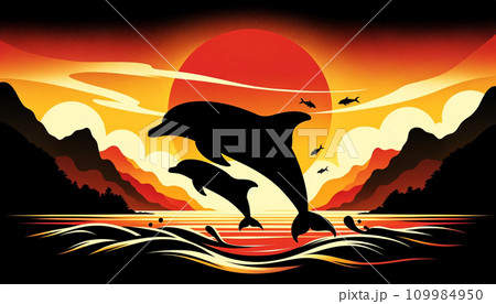 夕日とイルカの親子 夕日とイルカの親子 109984950