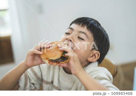 ハンバーガーを食べる男の子 109985406