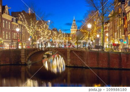 Amsterdam canal with dutch houses 109986180