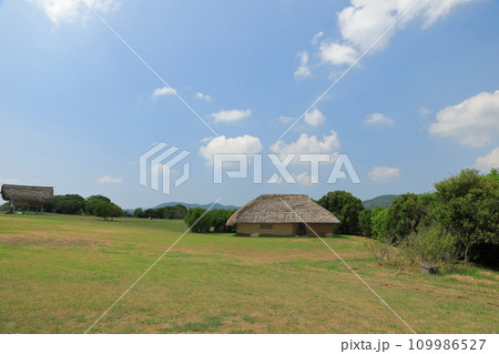 青空の下に佇む壱岐島原の辻遺跡の古代の建物の景色 青空の下に佇む壱岐島原の辻遺跡の古代の建物の景色 109986527