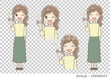 A woman in a long skirt giving a winking OK sign 109986924