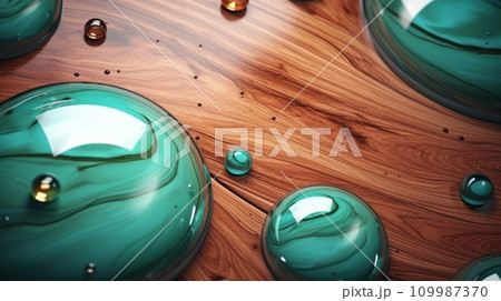 AI-generated content. Mint Marble with Wooden Rosewood Horizontal Background. Abstract stone texture backdrop with water drops. Bright natural material Surface. AI Generated Photorealistic 109987370
