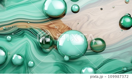 AI-generated content. Mint Marble with Wooden Oak Horizontal Background. Abstract stone texture backdrop with water drops. Bright natural material Surface. AI Generated Photorealistic Illustration. AI-generated content. Mint Marble with Wooden Oak Horizontal Background. Abstract stone texture backdrop with water drops. Bright natural material Surface. AI Generated Photorealistic Illustration. 109987372